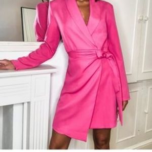 boohoo Tall Woven Ruched Side Blazar Dress, Size 14, Bright Pink
